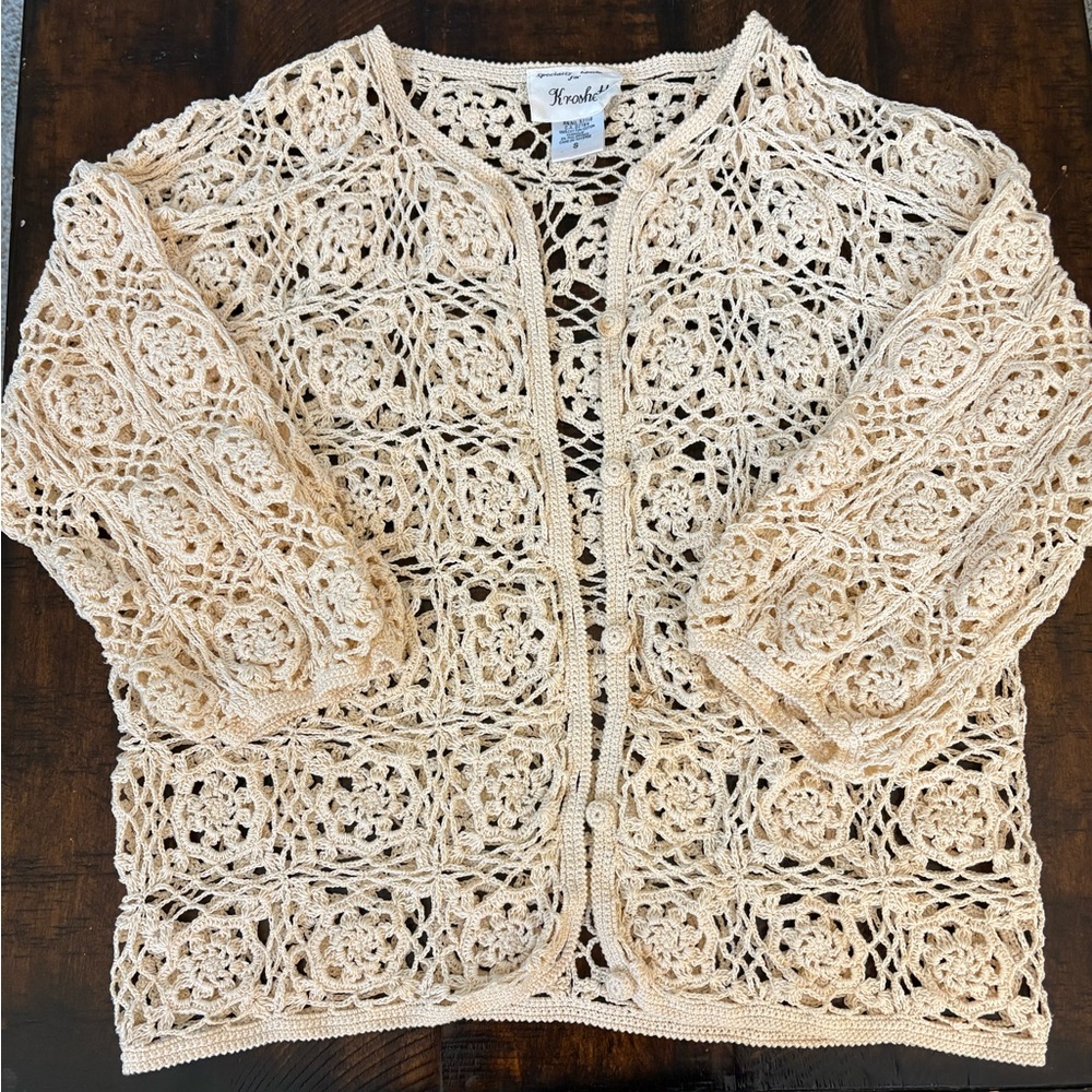 Vintage Crocheted Woven Cotton Floral Lace Cardigan Sweater in Cream, Small